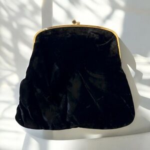 Vintage 50s INGBER Black Velvet Clutch Purse Hinged Opening Gold Satin Lined